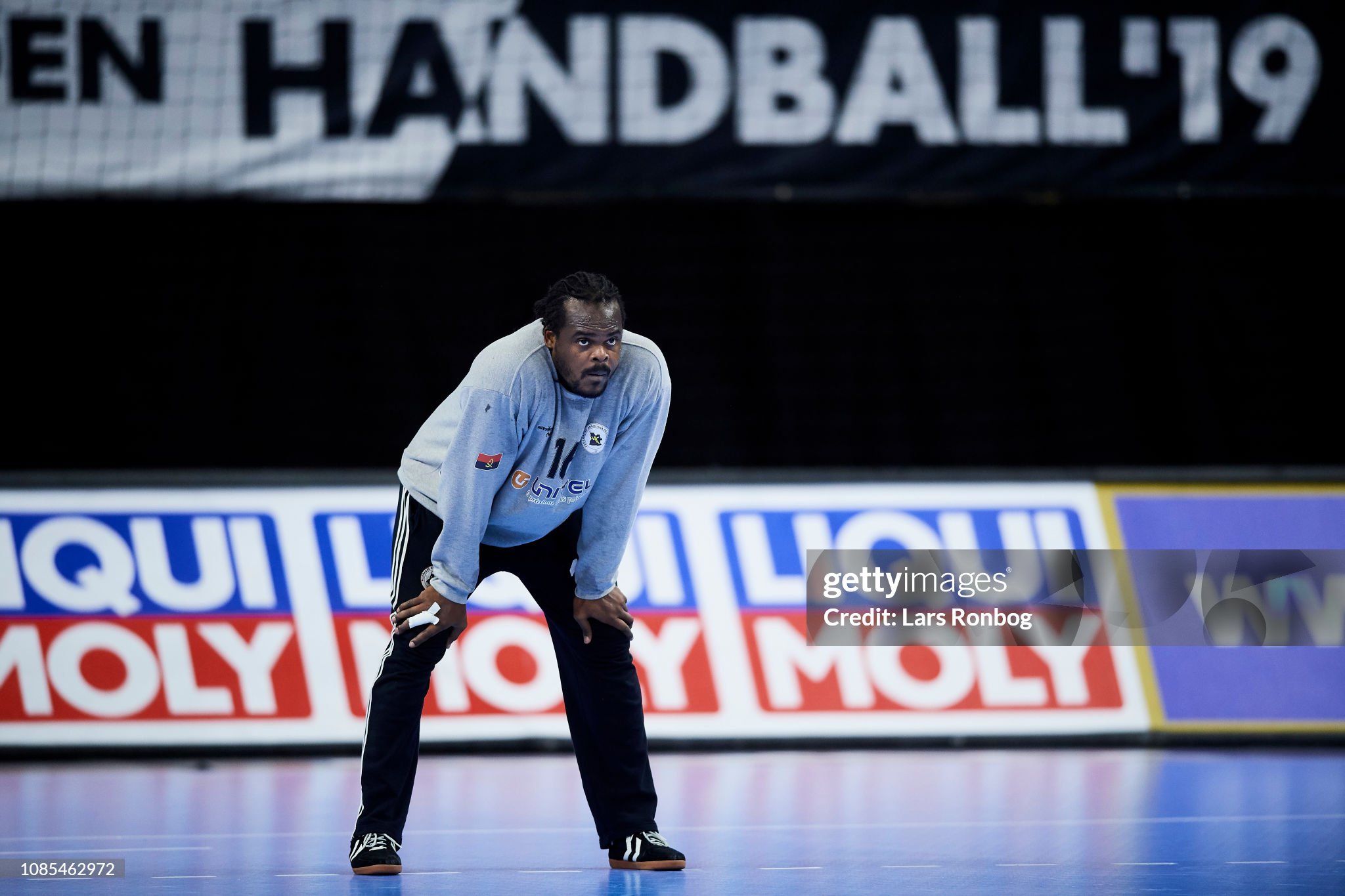 COPENHAGEN, DENMARK - JANUARY 20: Goalkeeper MUACHISSENGUE Giovany of Angola looks on during the IHF Men's Presidents Cup Handball match between Japan and Angola at Royal Arena on January 20, 2019 in Copenhagen, Denmark. (Photo by Lars Ronbog / FrontZoneSport via Getty Images)